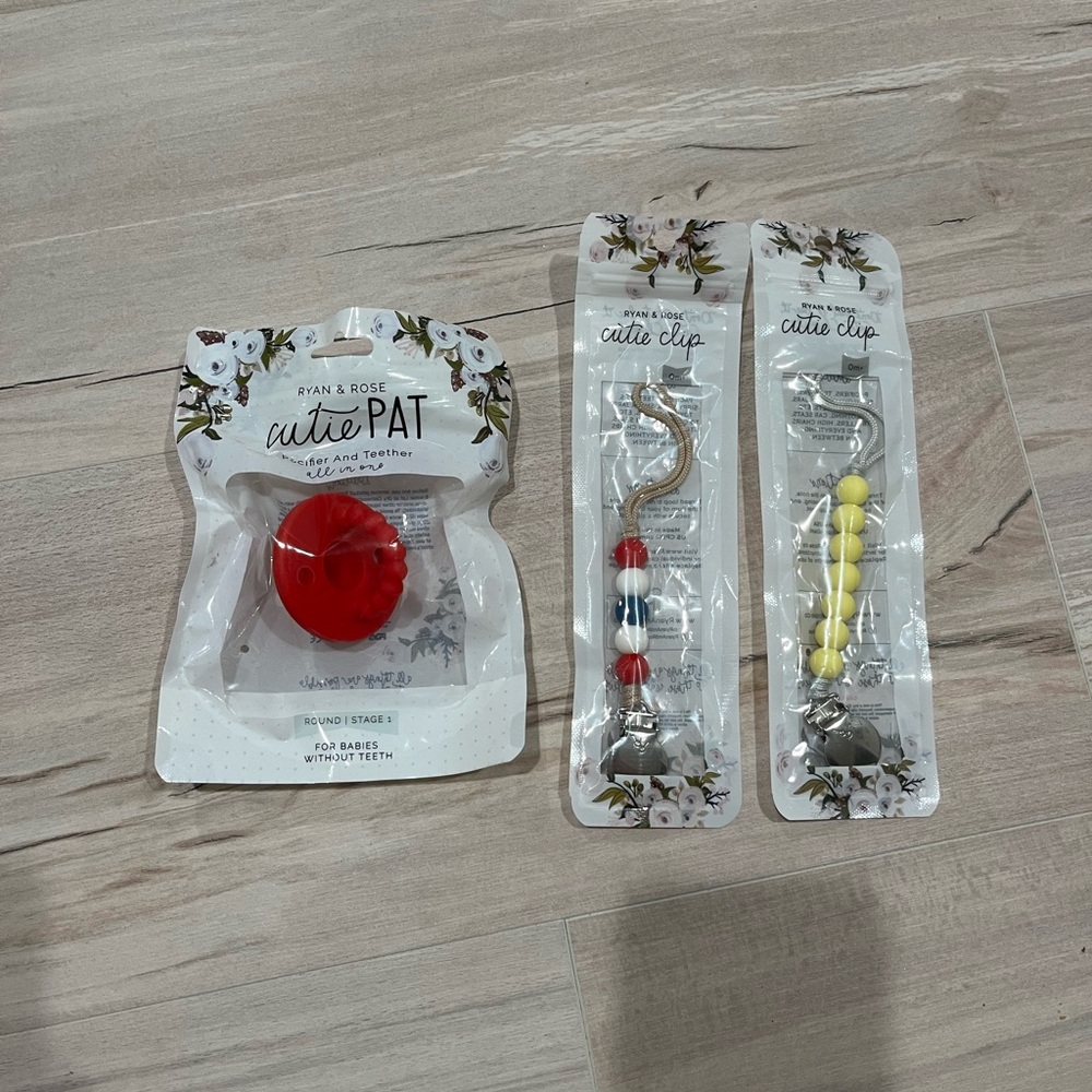 NWT- Ryan and Rose Pacifier & Pacifier Clips Bundle- Red, White & Blue & Yellow